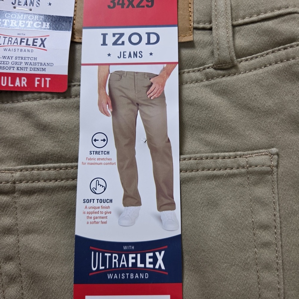 IZOD Comfort Stretch UltraFlex Straight Soft Knit Denim Jeans Tan 34 X 29